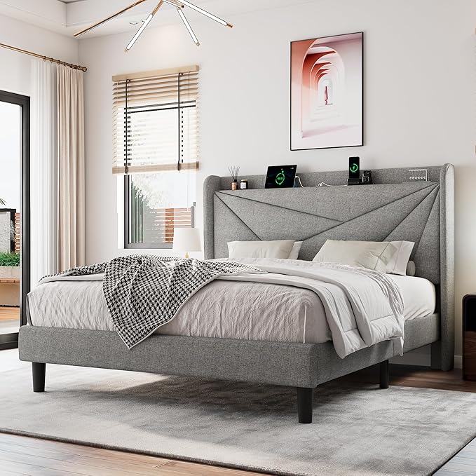 Full Size Upholstered Bed Frame with Charging Station Platform Bed Frame with Storage Headboard Solid Wood Slats Support No Box Spring Needed Light Gray