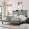 Full Size Upholstered Bed Frame with Charging Station Platform Bed Frame with Storage Headboard Solid Wood Slats Support No Box Spring Needed Light Gray