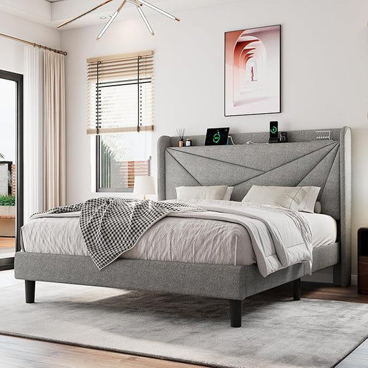 Full Size Upholstered Bed Frame with Charging Station Platform Bed Frame with Storage Headboard Solid Wood Slats Support No Box Spring Needed Light Gray