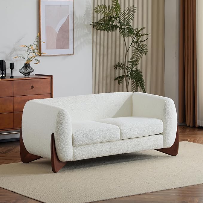 Christopher Knight Home Alma 63 Boucle Loveseat with Wood Legs 2 Seater Sofa Couches for Living Room Upholstered Couch Chair Soft Seating Lounge Sofa Chair Cozy Loveseat with Armrest Beige