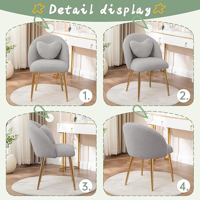 Vanity ChairAccent Makeup Comfy Cute Desk Girls Fluffy Chairs for Bedroom No Wheels Gold Metal Legs Stool (Teddy Grey)