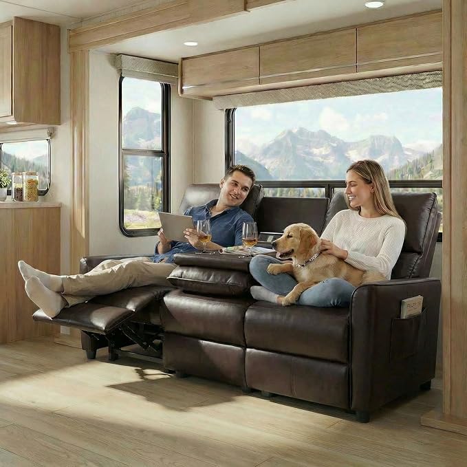 MANBUR 74 RV 3 Seater Recliner Sofa with Flip Backrest &amp Drawer Manual Reclining Couch with USB Ports AC Outlets &amp Cup Holders for RV Living Room Home Theater Seating PU Brown