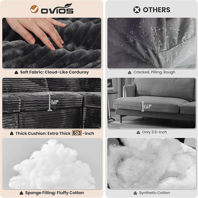 ovios Sectional Cloud Couch Sofa with Swivel Chair Comfy Deep Seat Modular Convertible Couches Modern Plush Corduroy Sofas Set for Living Room 4-Seater Grey