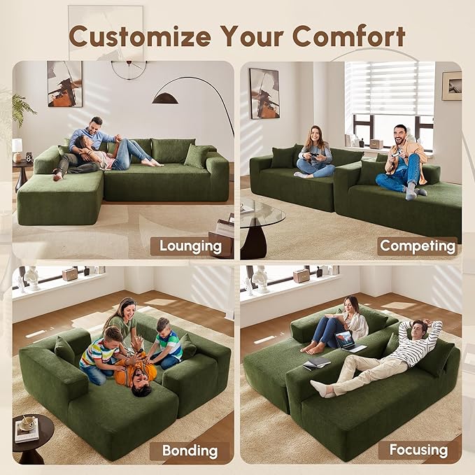 106 Cloud Sectional Couches for Living RoomL Shaped Boneless Couch with Comfy ChaiseModular Sofa with Deep Seat No Assembly RequiredGreen