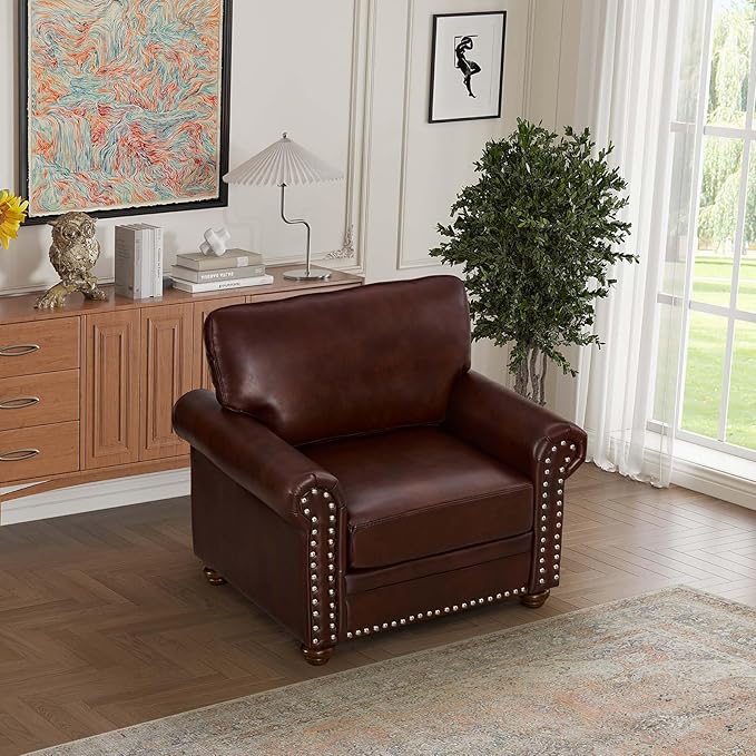Faux Leather Accent Chair35 W Upholstered Mid Century Modern Armchair with Rivet Rolled ArmDeep Seat Comfy Single Sofa Chair for Living RoomBedroomApartmentOffice(Burgundy)