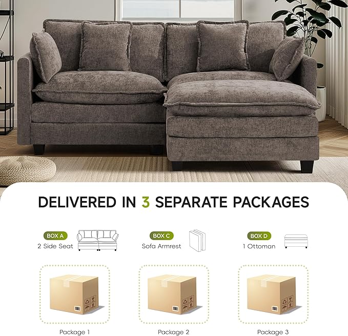 Cloud Couch Loveseat with Ottoman Oversized Comfy Modular Sectional L Shaped Sofa with Deep Seat Cushions Chenille 2-Seater Lounge Set for Living Room Brown
