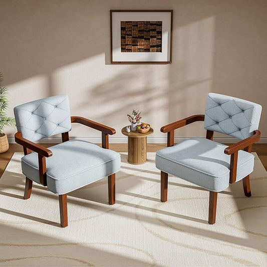 Modern Accent Chairs Set of 2Butacas para SalaMid Century Small Arm ChairUpholstered Wooden Chairs with Arm RestTufted BackrestCushion for OfficeWaiting/Reading/Living Room Light Blue