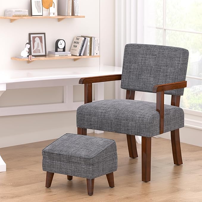 Accent Chairs with Adjustable Ottoman Comfy Arm Footrest Set Storage Footstool Sofa Armchair with Footrest Lazy Chair Set for Living Room/Bedroom/Reading Room Light Gray