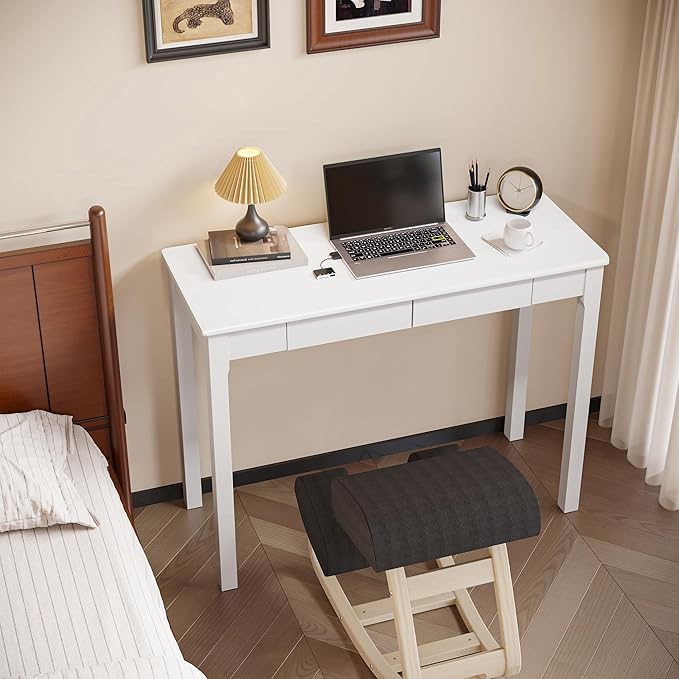 Solid Wood Desk with Drawers - 39 x 16 Inch Narrow Desks Mid Century Modern Desks Rubber Wood Study Table Small Writing Desk for Small Spaces|Bedroom - White