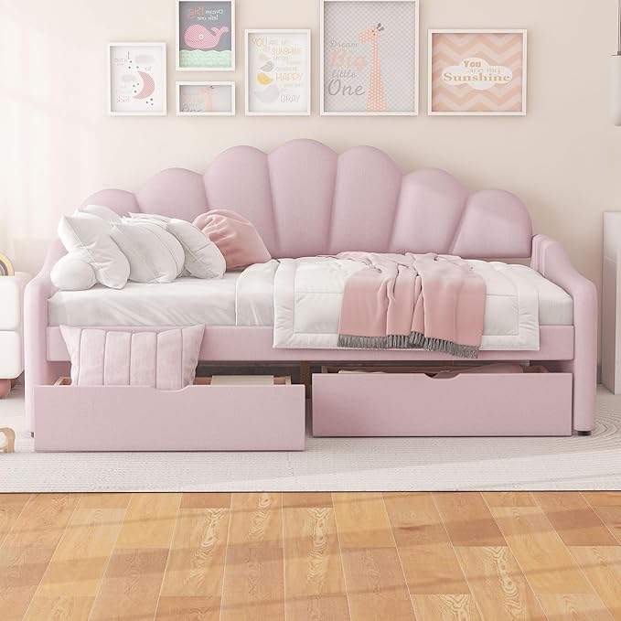 Bellemave Full Size Upholstered Daybed Frame with Shall Shaped Backrest &amp 2 Drawers Velvet Fabric Sturdy Pine Wood Legs for Bedroom/Guest Room Pink