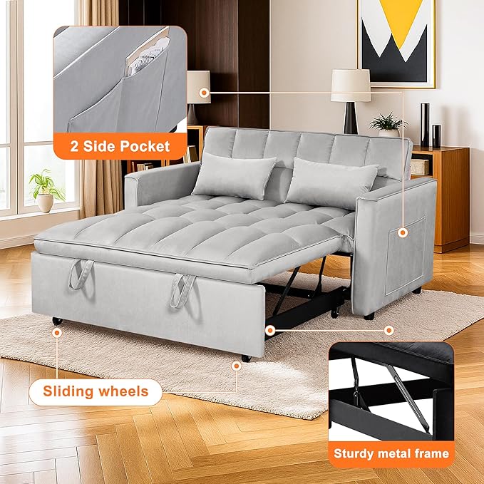 Sleeper Sofa Couch with Pullout Bed 54'' Velvet Futon Loveseat Sofa 3-in-1 Convertible Love Seat Couch for Living Room Apartment Chair Bed Sleeper for Adults (Gray)