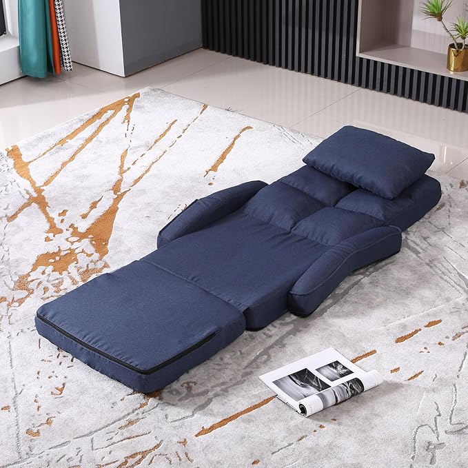 Indoor Floor Chair with Armrest and Pillow Folding Chaise Lounge Sofa 14-Position Adjustable Comfy Gaming Recliner Chair Padded Seats for Adults (Blue)