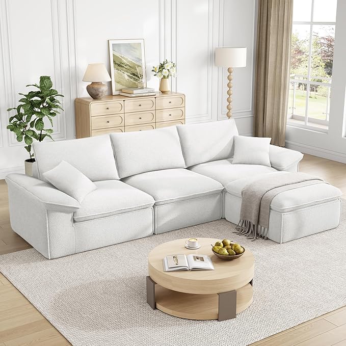 LIKIMIO 120 L-Shaped Modular Sectional Sofa Cloud Sectional Couch with Deep Seat Comfy Teddy Upholstery Oversized 3-Seater with Ottoman Boneless Couch for Living Room No Assembly White
