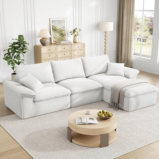 LIKIMIO 120 L-Shaped Modular Sectional Sofa Cloud Sectional Couch with Deep Seat Comfy Teddy Upholstery Oversized 3-Seater with Ottoman Boneless Couch for Living Room No Assembly White