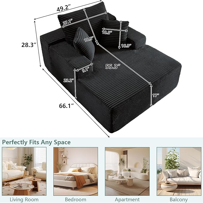 50 Oversized Chaise Lounge Chair IndoorCorduroy Boneless Reading Chair with 3 PillowsDeep Seat Cloud Sofa BedComfy Modern Sleeper Chairs in Box for Living Room BedroomNo Assembly(Black)