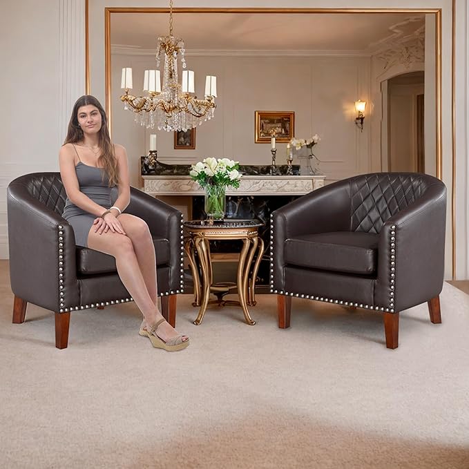 Prilinex Comfy Barrel Accent Chair Set of 4 - Faux Leather Living Room Chair Club Chair with Cushion Diamond Grid Backrest &amp Nailhead Trim Guest Chair for Office Bedroom &amp Waiting Room Bro