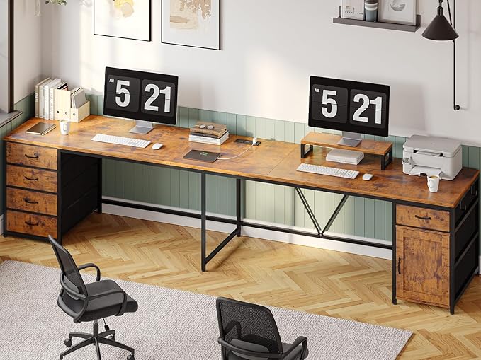 SEDETA L Shaped Desk 63 Computer Desk with 5 Drawer &amp Power Outlet Long Home Office Desk or Corner Desk L Shaped Corner Desk with Monitor Shelf Storage Cabinet Rustic Brown