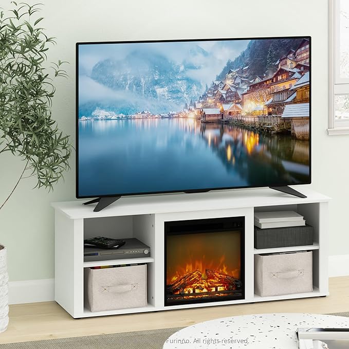 Furinno Classic 60 Inch TV Stand with Fireplace Solid White