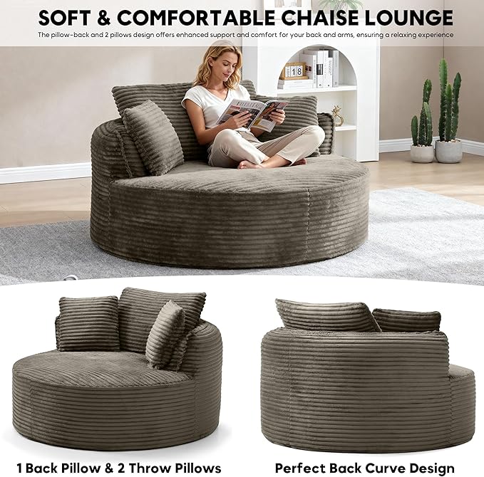 Oversized Round Chair Lounge Chaise Indoor 53.5 Corduroy Boneless Round Chair Fluffy Single Deep Seat Cloud Sofa Chairs Modern Circle Chaise Lounge for Bedroom Living Room Camel