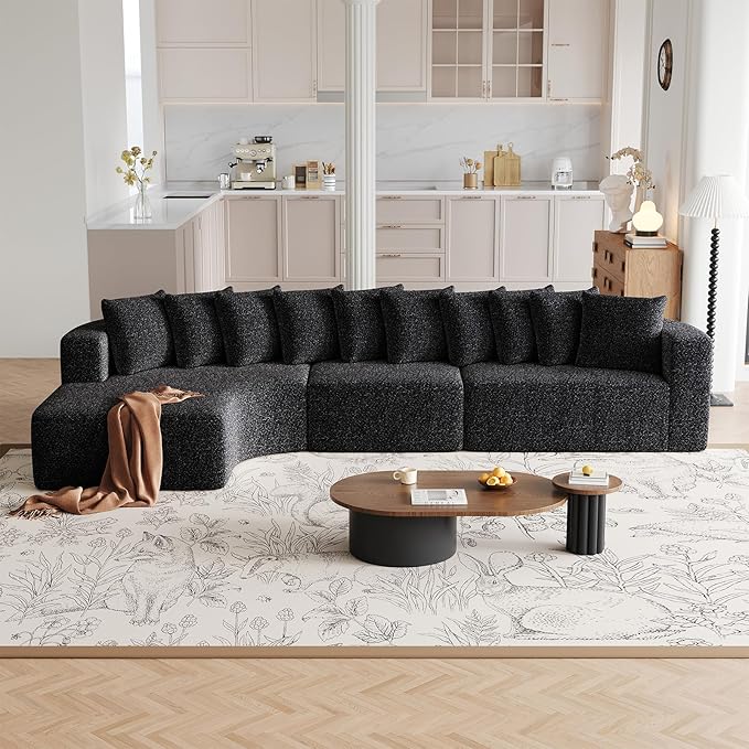 131” Oversized L Shaped Couch with Left Facing Chaise Corner Curved Modular Sectional Sofa with 10 Throw Pillows Chenille Memory Foam Compressed Sleeper Sofa Couch for Living Room Office Black