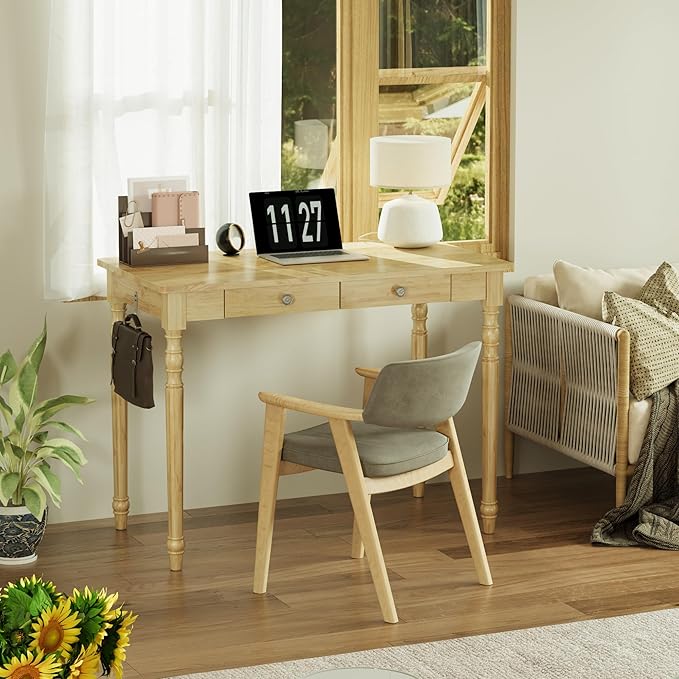 Solid Wood Desk with Drawers - 40 Inch Writing Desk with Drawers Mid Century Modern Desk with 2 Hooks Rubber Wood Study Table for Bedroom Living Room &amp Office Natural Boho Desks