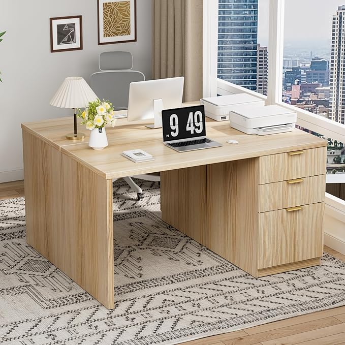 Fluted Desk with File Drawers - 47 Inch Modern Executive Desk Wood Desks with Cabinet Drawers for Home Office Boho Wooden Computer Desks with Storage for Writing Study Bedroom Light Natural Oak