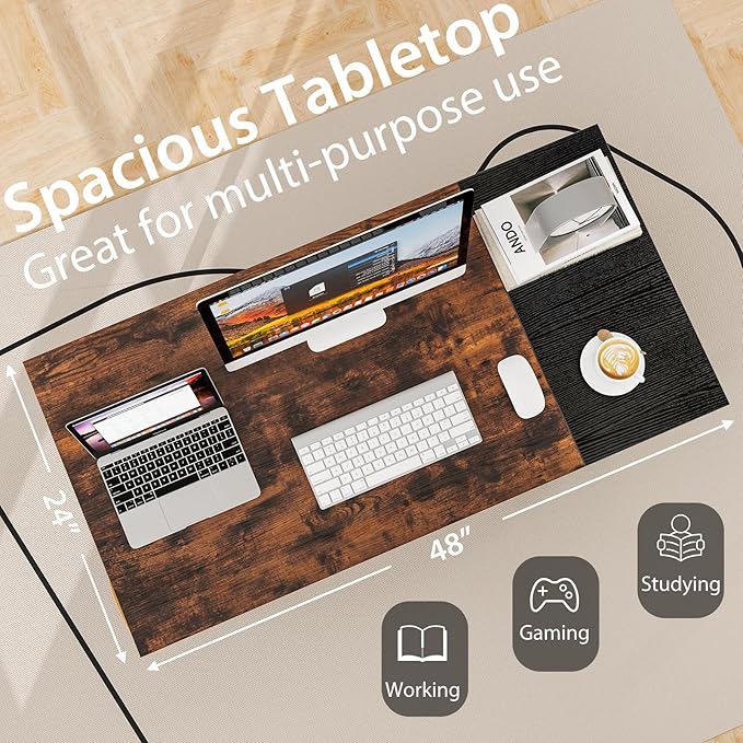 Tangkula 48-Inch Computer Desk with 2 Drawers Modern Home Office Desk with Hanging Hook &amp Storage Shelf Multipurpose Writing Desk for Study Bedroom (Rustic Brown 48)