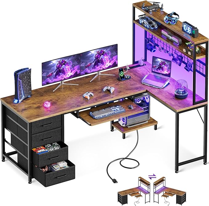 AODK 59 Inch L Shaped Desk with 4 Drawers Gaming Desk with Led Lights &amp Power Outlets Computer Desk with Pegboard Reverisble Home Office Desk with Storage Shelves &amp CPU Stand Vintage
