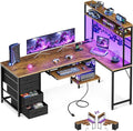 AODK 59 Inch L Shaped Desk with 4 Drawers Gaming Desk with Led Lights &amp Power Outlets Computer Desk with Pegboard Reverisble Home Office Desk with Storage Shelves &amp CPU Stand Vintage