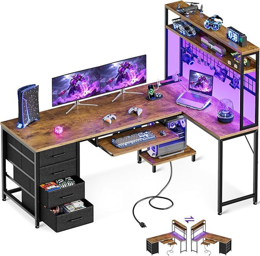 AODK 59 Inch L Shaped Desk with 4 Drawers Gaming Desk with Led Lights &amp Power Outlets Computer Desk with Pegboard Reverisble Home Office Desk with Storage Shelves &amp CPU Stand Vintage