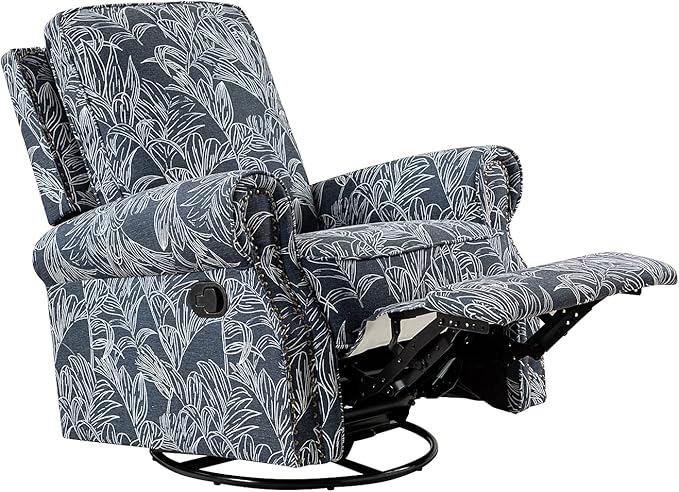 HULALA Home Modern Rocker Recliner Printed Fabric Swivel Glider with Adjustable Backrest &amp Footrest Navy