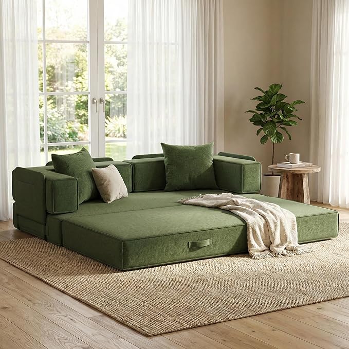 4-in-1 Convertible Sofa Bed 82“ Compression Sofa with Chenille Fabric Pull Out Sleeper Sofa with 2 Pillows &amp 4 Side Pockets for Living Room Bedroom Apartment No Assembly Required Green