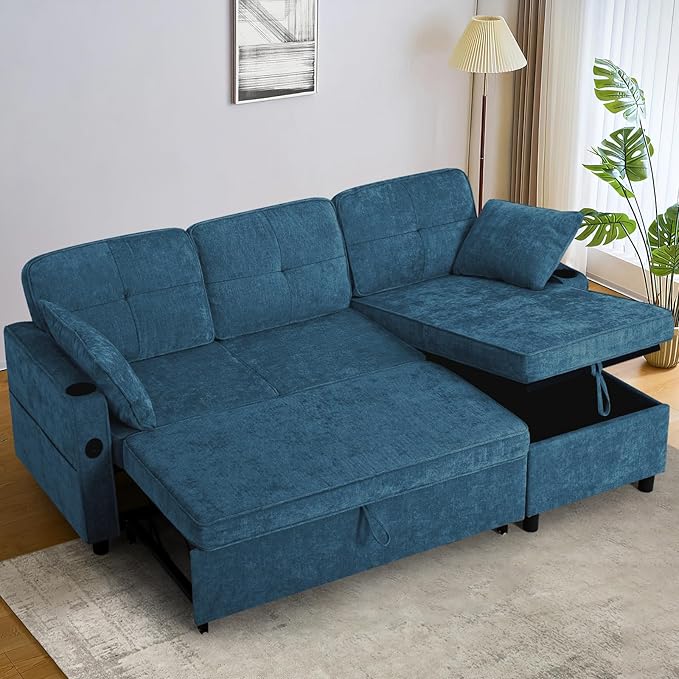 84“ Chenille Sectional Sofa w/Pull-Out Sofa Bed &amp Adjustable Backrest Tufted L-Shaped Couch w/Storage Chaise Sleeper Sofa w/USB Port &amp Cup Holders for Living Room Blue