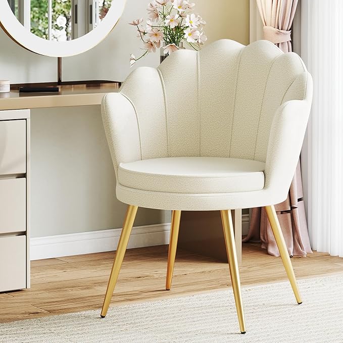 Furniliving Sherpa Vanity Chair Shell Accent Chair for Living Room Upholstered Accent Chair with Gold Metal Legs Makeup Chair for Vanity Armchair Guest Chairs Side Chair for Bedroom (White 2)