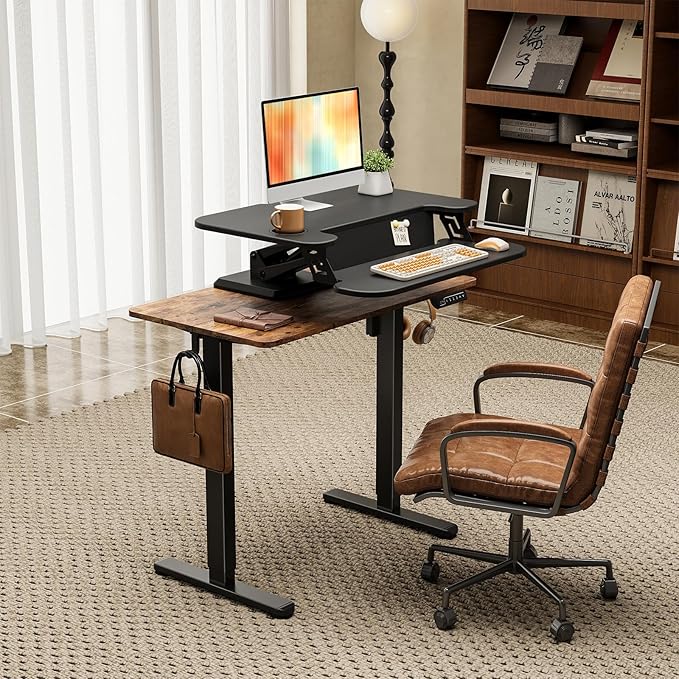 35 Small Standing Desk with Clamp-on Desk Converter Desktop Riser with Keyboard Tray Add on Home Office Desk Rustic Brown