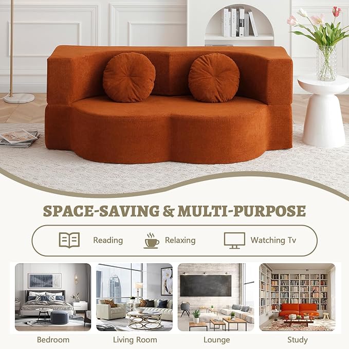2-In-1 Futon Sofa Bed Foldable Couch with 2 Pillows Convertible Foldable Sofa Bed Folding Sofas Beds for Living Room Guest Room Apartment Office Lazy Sleeper Comfy No Assembly (Orange)