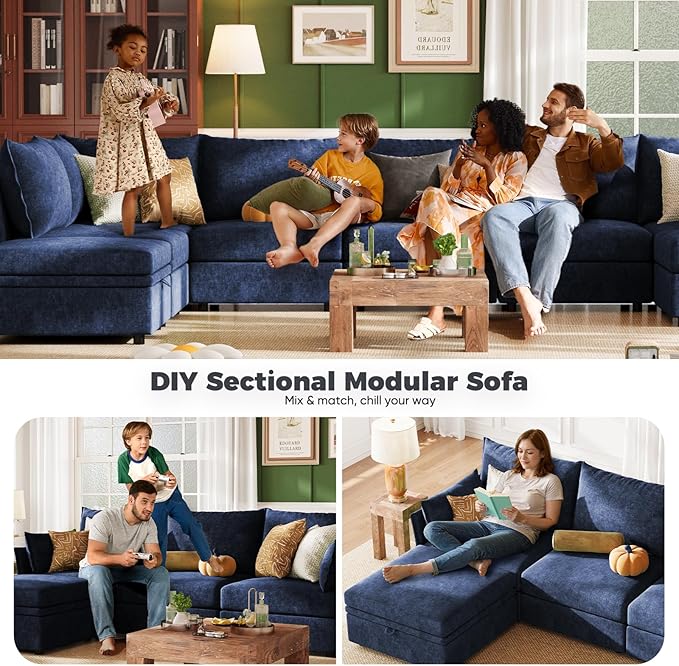 ABCASA 102.6 U Shaped Modular Sectional Sofa 5 Seater Couch with Storage Ottoman Deep Seat and High Backrest with Removable Cover for Living Room Apartment - Chenille Blue