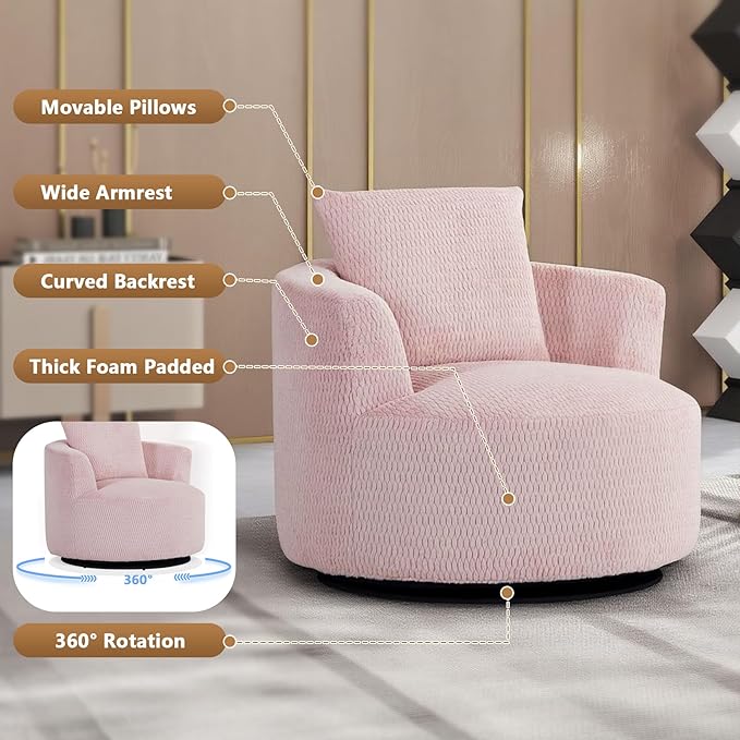 mikibama Swivel Accent Chair 360° Round Swivel Barrel Chair with Pillows Upholstered Corduroy Armchair Sofa Chair for Living Room Bedroom Reading Room Pink