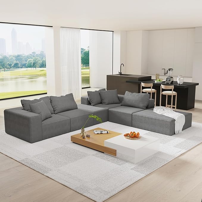 KEIKI Sectional Sofa Couch Set Modular 132 L Shaped Couch Set with 6 Pillows Free Combination Upholstered Sofa Couch for Living Room Bedroom Grey