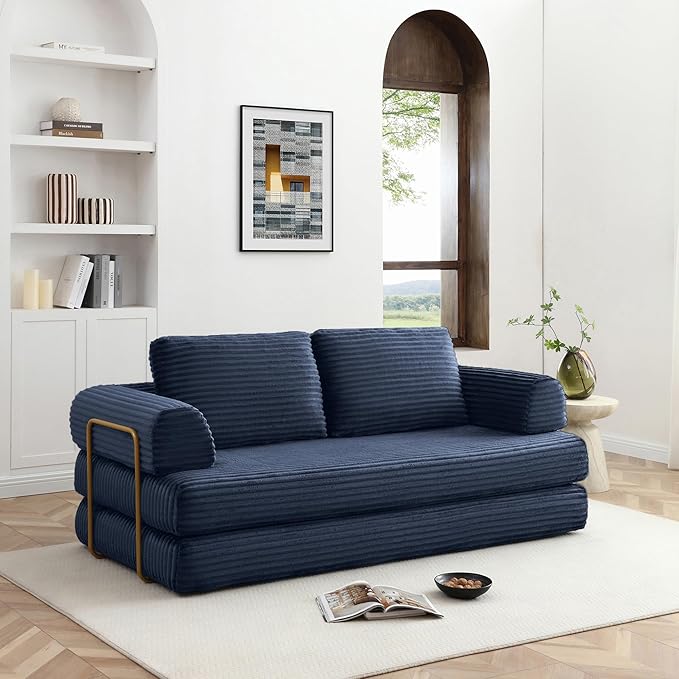 Convertible Sleeper Sofa Bed 79.5 Folding Floor Sofa Mattress Couch with Pillows Corduroy Futon Boneless Couch Lounge Loveseat with Pull Out Bed Blue