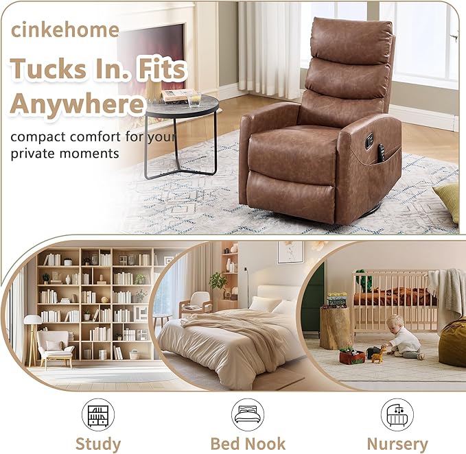 cinkehome Swivel Rocker Recliner Chair Upholstered Nursery Glider Recliner Chair with Heated Massage High Back Side Pocket (Light Brown PU Leather)