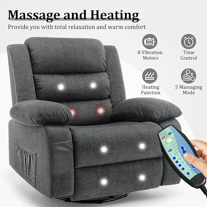Recliner Chair Wide Rocker Chair Rocking Chair with Massage and Heat360°Swivel Nursery Rocking Chairs Oversized Recliner for Adults Cashmere Reclining Sofa for Living Room Grey