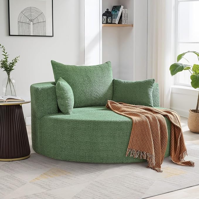 360° Swivel Barrel Chair - Oversized Round Sofa Chair and A Half with Pillows Comfy Modern Upholstered Chenille Deep Seat Circle Chaise Lounge for Living Room Bedroom Office Hotel (Moss Green)