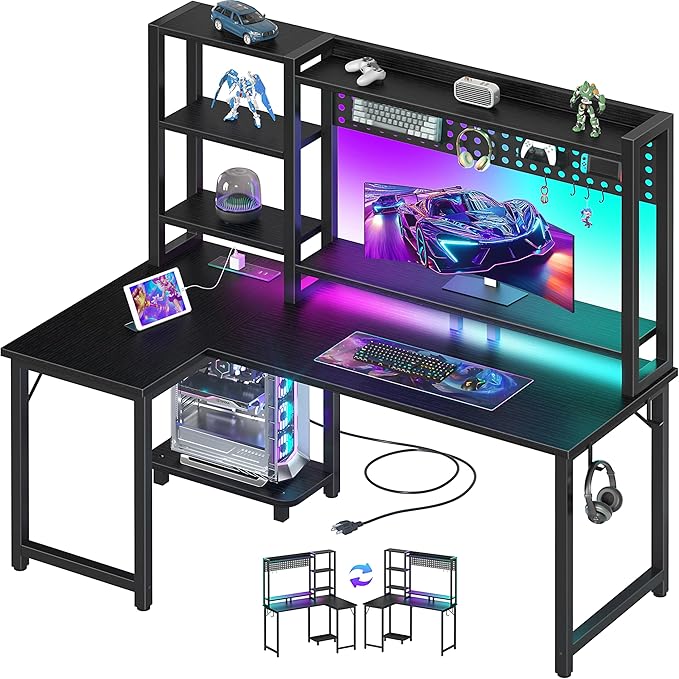 L Shaped Gaming Desk with Shelves - 48 inch Corner Computer Desks with Storage Hutch Shelf Reversible Pegboard Led Lights Power Outlets PC Monitor Stand for Bedroom Black