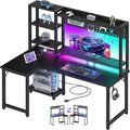 L Shaped Gaming Desk with Shelves - 48 inch Corner Computer Desks with Storage Hutch Shelf Reversible Pegboard Led Lights Power Outlets PC Monitor Stand for Bedroom Black