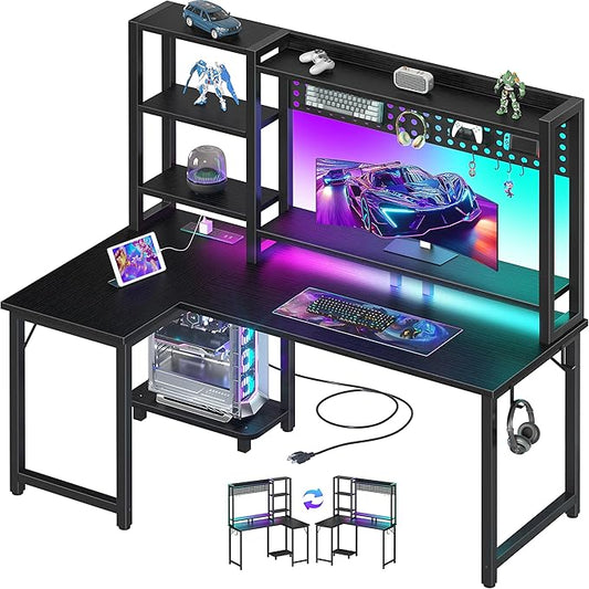 L Shaped Gaming Desk with Shelves - 48 inch Corner Computer Desks with Storage Hutch Shelf Reversible Pegboard Led Lights Power Outlets PC Monitor Stand for Bedroom Black