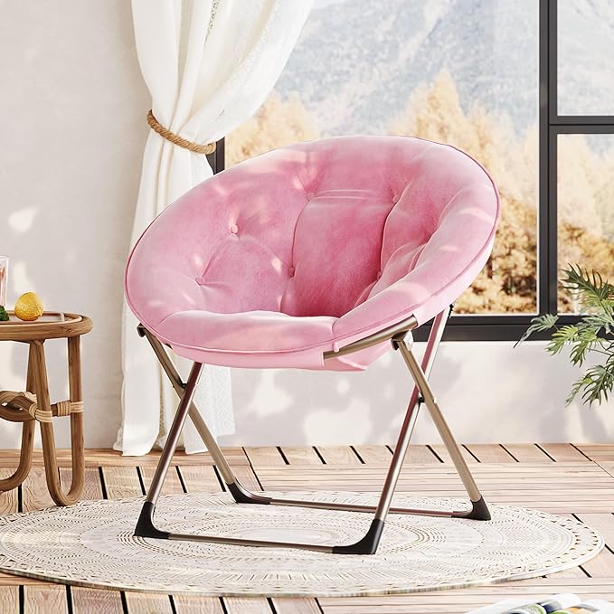 IDEALHOUSE Comfy Folding Padded Saucer Chair Folding Circle Chair with Metal Frame Soft Moon Chair for Bedroom Dorm Rooms Apartments Lounging Garden and Courtyard Pink