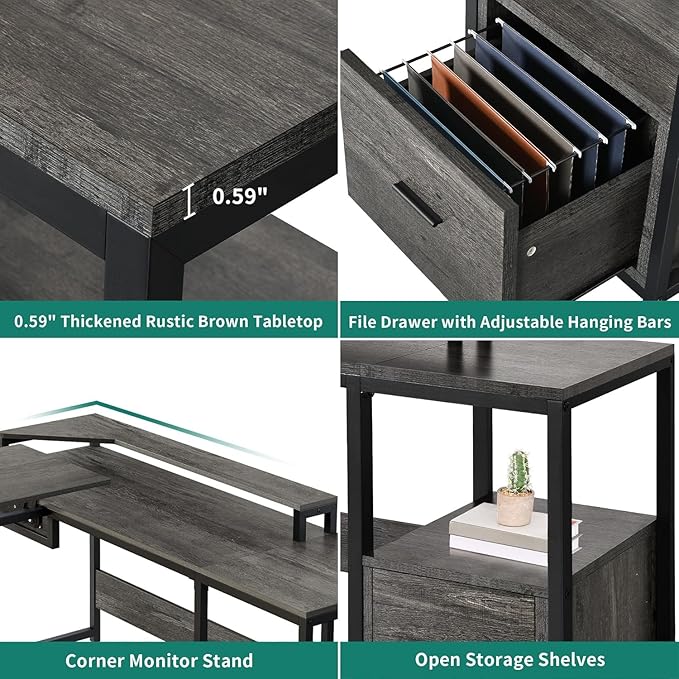 YITAHOME L Shaped Desk with Lift Top 65 Adjustable Standing Desk with File Drawer Corner Computer Desks with Storage Shelves Grey