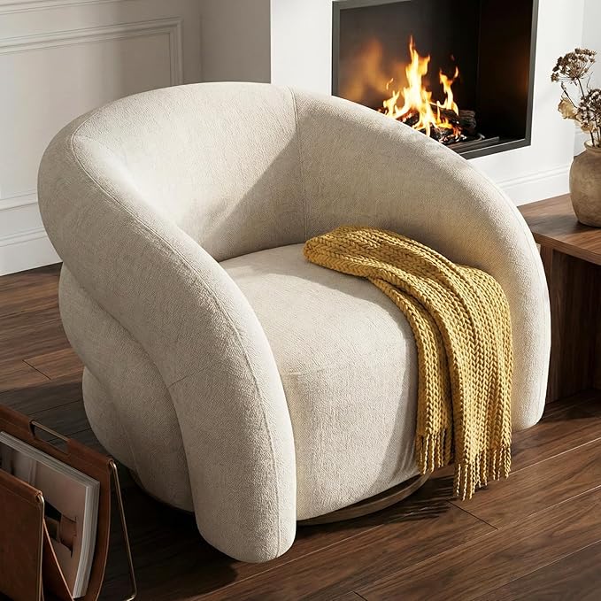 Swivel Barrel Accent Chair Wool Fleece Upholstered Armchair Round Modern Armchair 360° Swivel No Assembly Required Comfy Reading Sofa Seat for Living Room Bedroom and Apartment White.