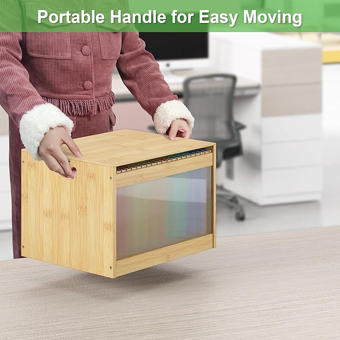 Hanging File Box Organizer for Letter Size Bamboo Acrylic File Folder Storage with Lid Clear Moving Boxes Wooden with Handle Desktop Wood Filing Holder for Office Banker Document Nature 1 Pack